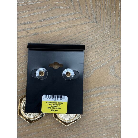 INC Gold Tone Hexagon Faux Pearl Drop Earrings Statement Dangle - Picture 3 of 3